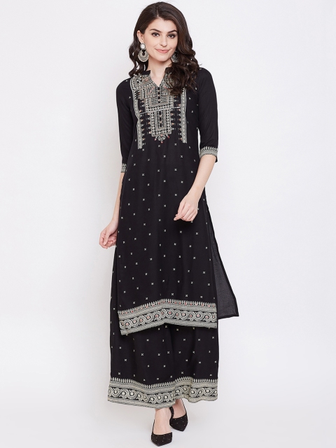 

Ishin DESIGNER STUDIO Women's Rayon Black Embroidered A-Line Kurta Palazzo Set