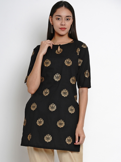 

Bhama Couture Women Black & Gold Floral Pure Cotton Print Straight Kurti