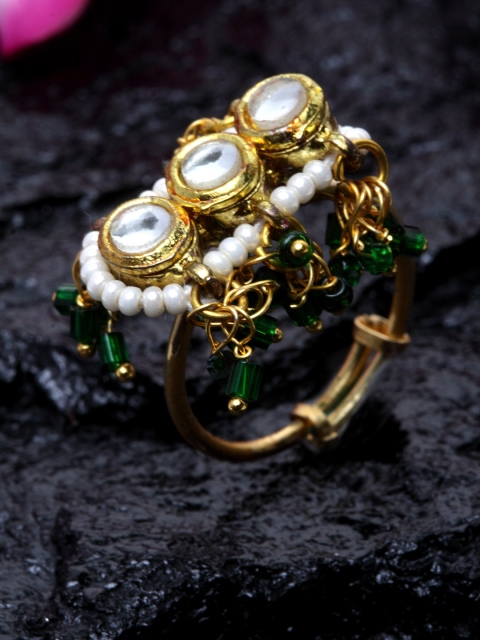 

DUGRISTYLE Gold-Toned & Green Kundan-Studded Beaded Handcrafted Adjustable Finger Ring