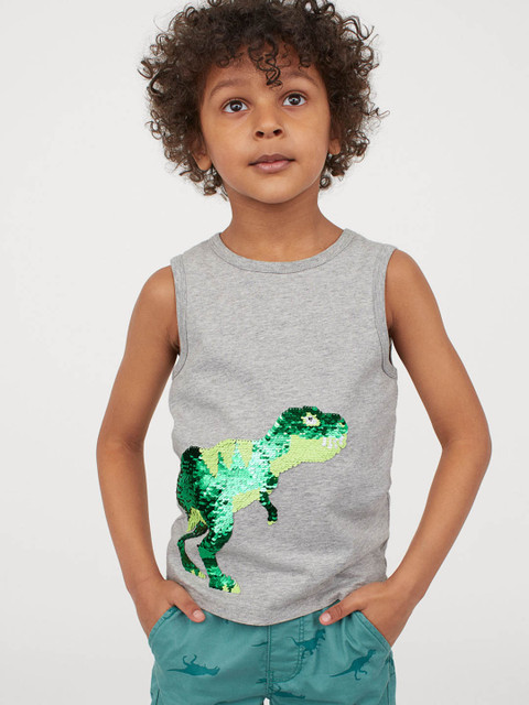 

H&M Boys Grey Melange & Green Dinosaur Reversible Sequin-Detail T-shirt