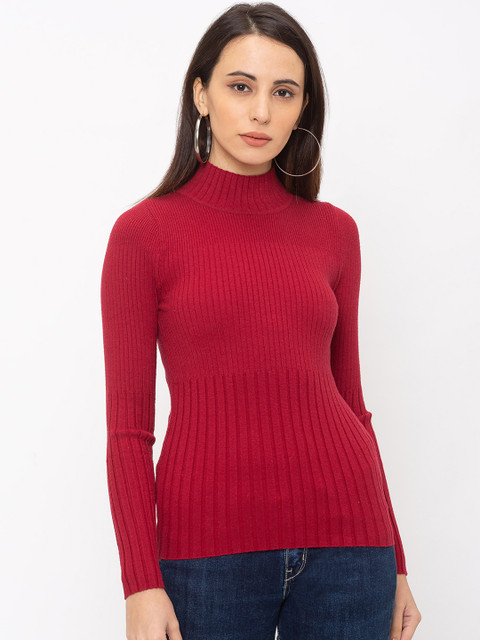 

Globus Women Maroon Solid Ribbed Sweatshirt