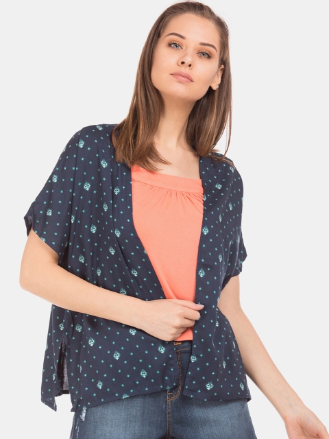 

Cherokee Women Navy Blue Printed Open Front Boxy Shrug