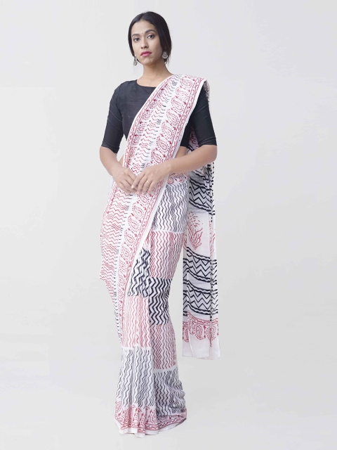 

Unnati Silks White & Red Hand Block Printed Pure Cotton Kota Saree