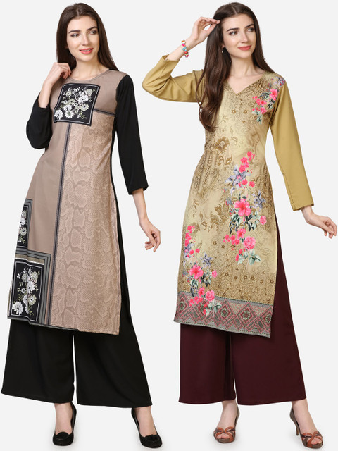 

Silk Bazar Women Pack Of 2 Beige & Khaki-Coloured Floral Printed Straight Kurta