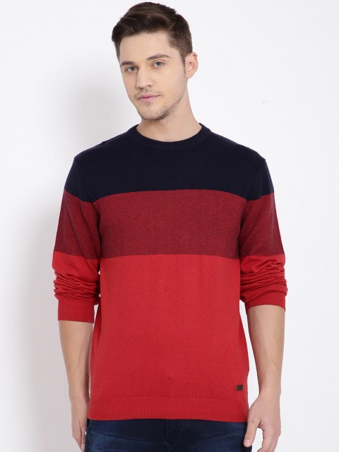 

t-base Men Red & Navy Blue Colourblocked Pullover Sweater