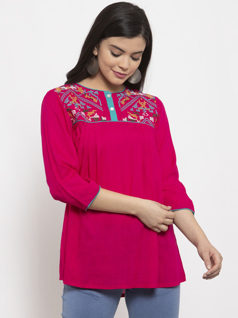 

Aujjessa Women Fuchsia Pink & Blue Embroidered A-Line Kurti