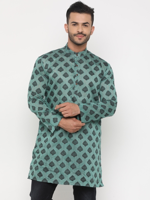 

SHOWOFF Men Green & Black Woven Design Straight Kurta