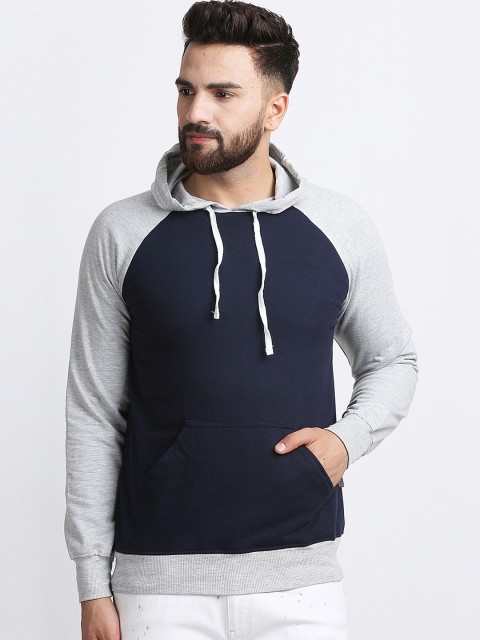 

Rodzen Men Navy Blue & Grey Colourblocked Hooded Sweatshirt