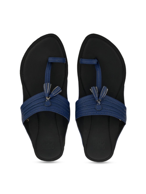 

SKO Men Navy Blue Leather Kolhapuri Comfort Sandals