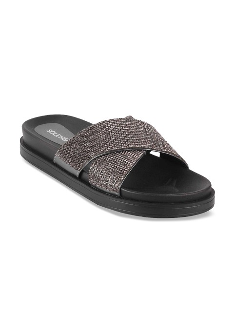 

SOLE HEAD Women Gunmetal Embellished Flatform Mules, Metallic