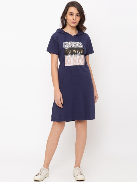 

Globus Women Navy Blue Printed Knitted Hooded T-shirt Dress