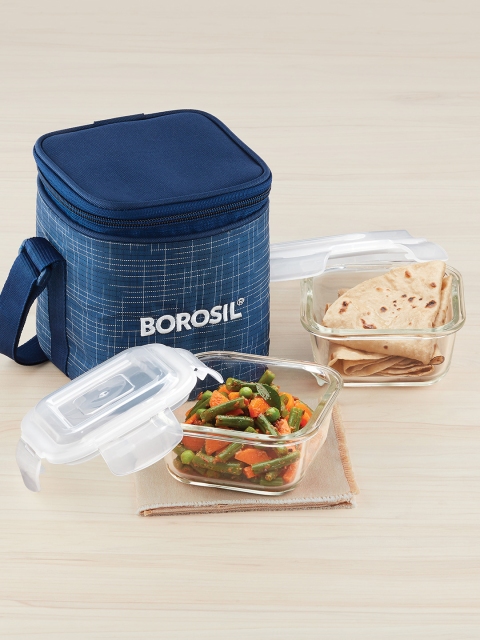 

BOROSIL Blue & Transparent Indigo Borosilicate Glass 2 Piece Square Containers Lunch Box With Bag