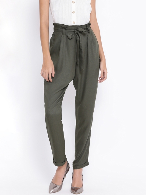 

Oxolloxo Women Olive Green Regular Fit Solid Peg Trousers