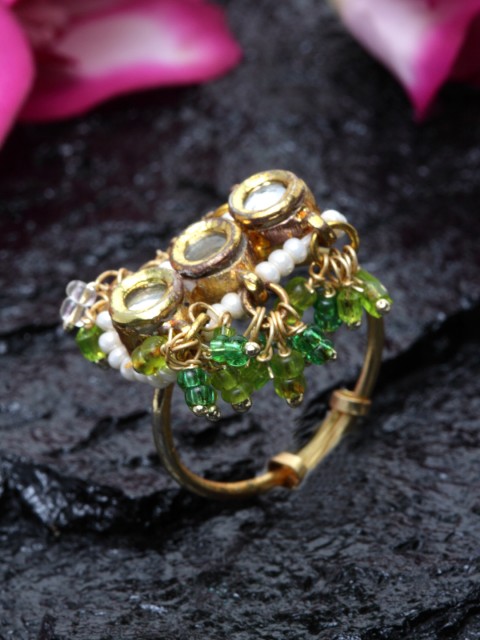 

DUGRISTYLE Gold-Toned & Green Kundan-Studded Beaded Handcrafted Adjustable Finger Ring