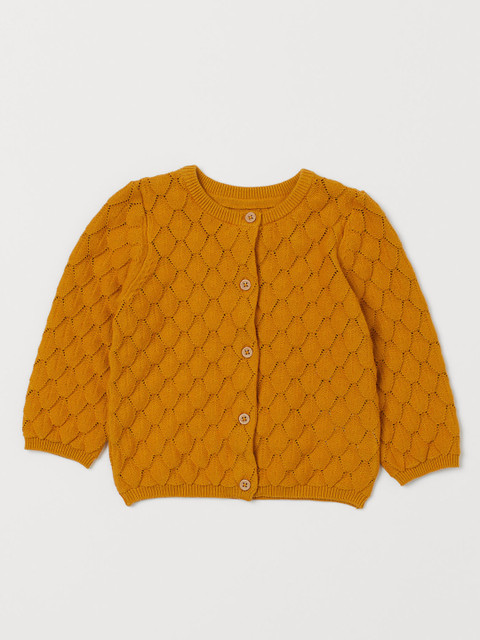 

H&M Girls Mustard Yellow Self Design Pointelle Cardigan