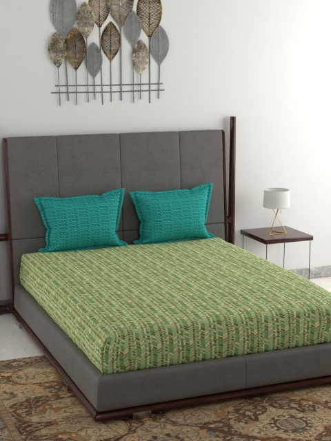 

Trident Green Geometric 120 TC Cotton 1 Queen Bedsheet with 2 Pillow Covers