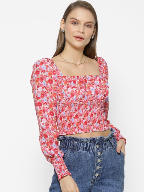 

FOREVER 21 Women Multicoloured Floral Print Smocked Empire Crop Top, Multi