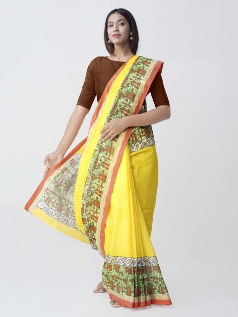 

Unnati Silks Yellow Pure Cotton Printed Kerala Kasavu Saree
