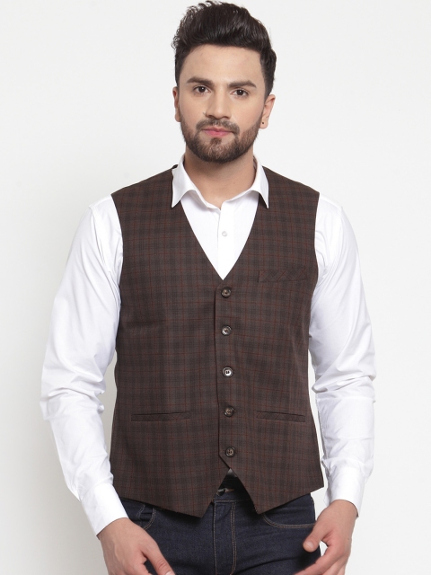 

NEUDIS Men Brown & Red Checked Waistcoat