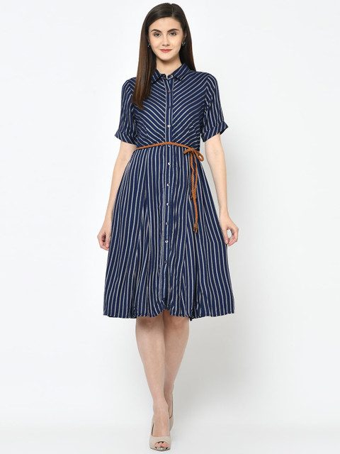 

Latin Quarters Women Navy Blue & Grey Striped Fit and Flare Dress