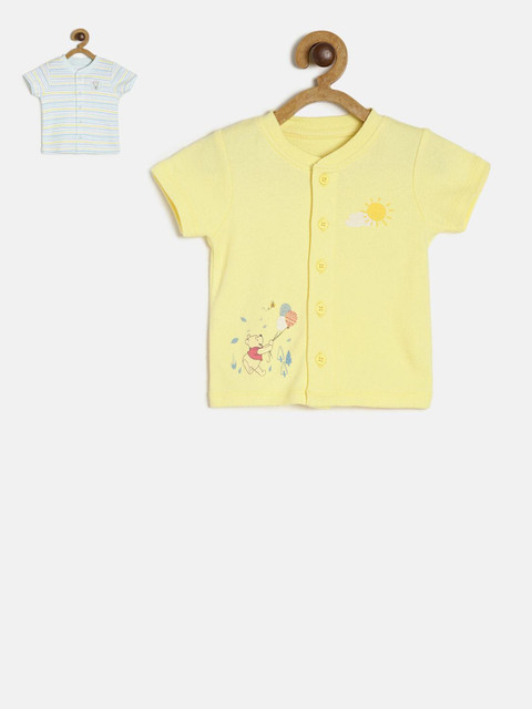 

MINI KLUB Unisex Kids Pack Of 2 Yellow White Striped Round Neck Pure Cotton T-shirt