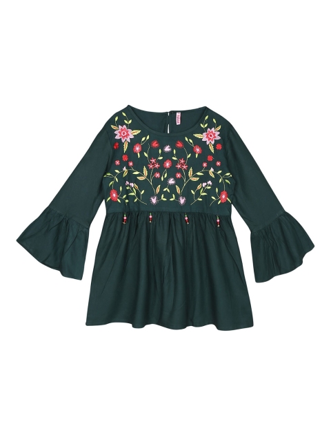 

Ishin DESIGNER STUDIO Girls's Bottle Green & Pink Embroidered Yoke Design Tunic
