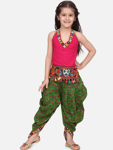 

BownBee Girls Pink Embroidered Halter Top with Green Printed Dhoti Pants
