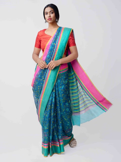 

Unnati Silks Blue & Turquoise Blue Floral Print Pure Kota Silk Saree