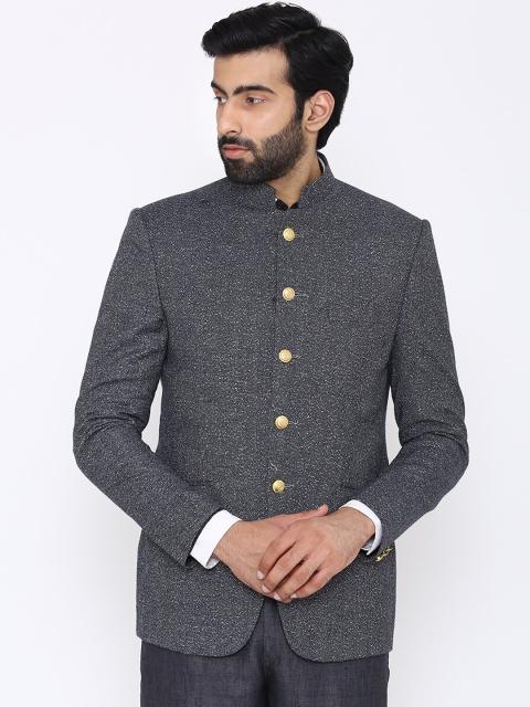 

Wintage Men Grey & White Self-Design Tailored-Fit Bandhgala Blazer