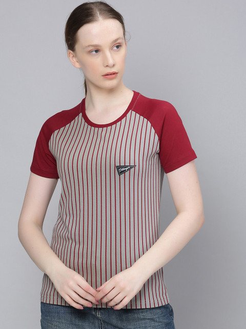 

DILLINGER Women Grey Striped Round Neck T-shirt