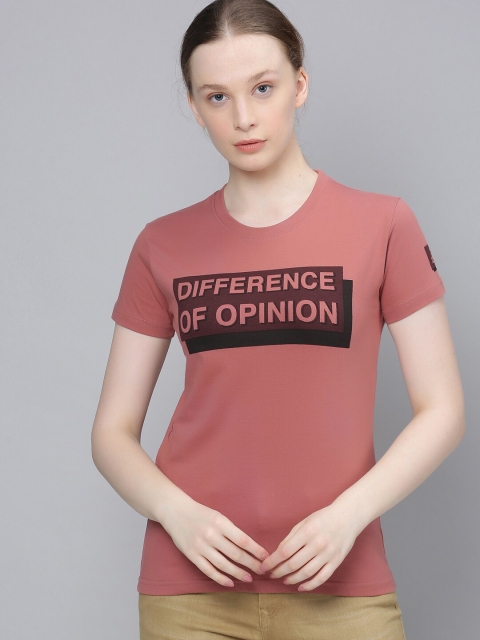 

Difference of Opinion Women Old Rose Pink Brand Logo Print Round Neck Pure Cotton T-shirt