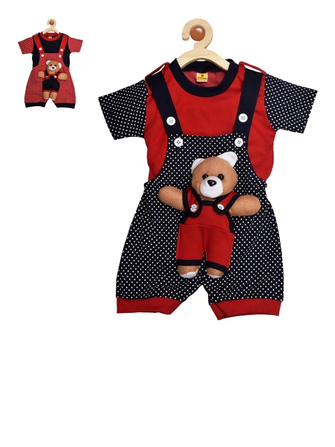 

BORN WEAR Infant Kids Navy Blue & Red Pack of 2 Solid T-shirt with Dungarees