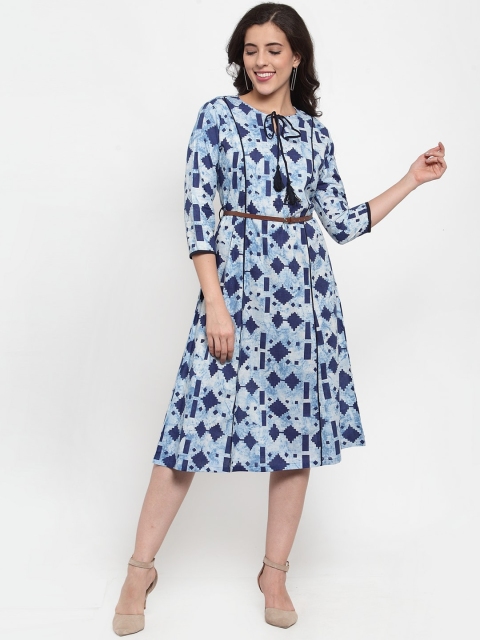 

FIVE STONES Women Blue & White Printed Fit and Flare Dress