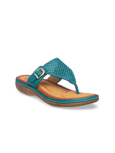 

Khadims Women Teal Textured T-Strap Flats