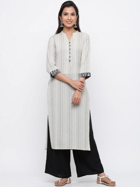 

Jaipur Kurti Women Off-White Striped Straight Kurta