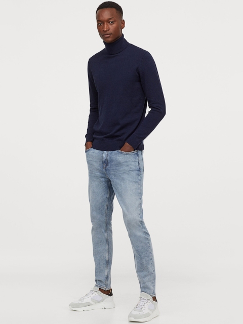 

H&M Men Navy Blue Solid Fine-Knit Polo-Neck Jumper