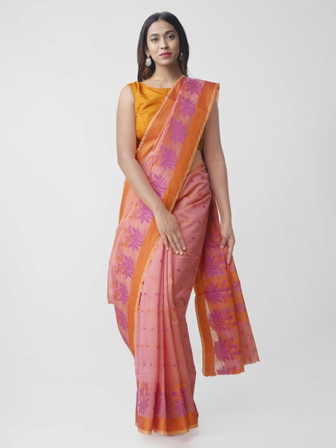 

Unnati Silks Pink & Orange Silk Cotton Woven Design Kanchi Sico Saree