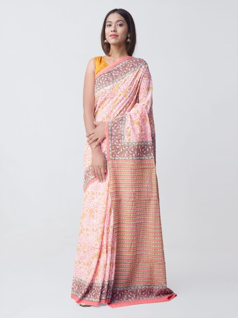

Unnati Silks Peach-Coloured & Yellow Pure Cotton Hand Block Printed Saree
