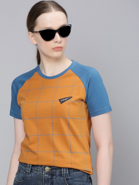 

DILLINGER Women Tan Brown Blue Checked Round Neck Pure Cotton T-shirt