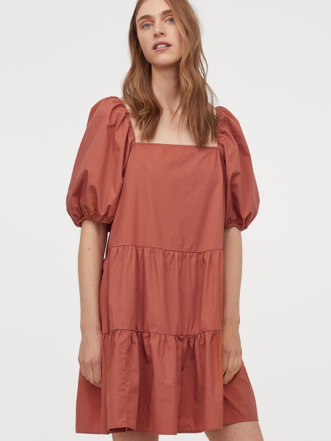 

H&M Women Orange Solid Puff-Sleeved Dress