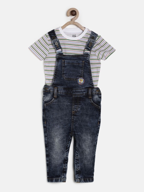 MINI KLUB Boys Navy Blue & White Dungaree with T-Shirt