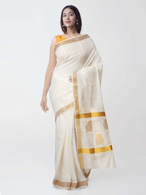 

Unnati Silks Cream & Gold Pure Cotton Solid Kasavu Saree