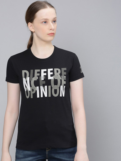 

Difference of Opinion Women Black Printed Round Neck Pure Cotton T-shirt