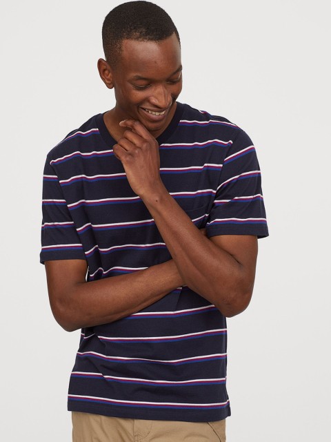 

HM Men Blue Striped Cotton Jersey Pure Cotton T-shirt