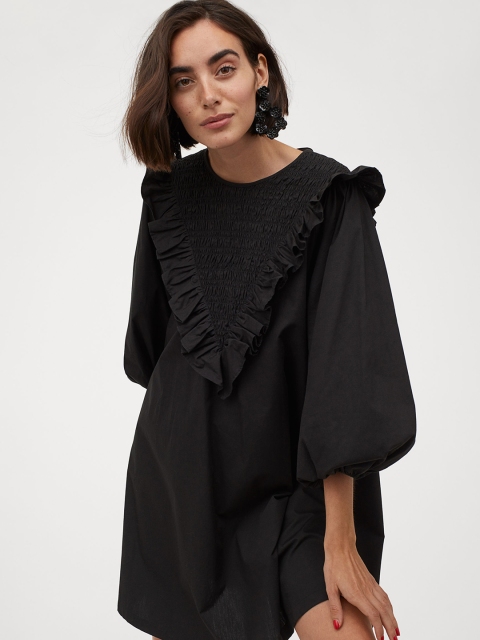 

H&M Women Black Solid Flounce-trimmed cotton dress