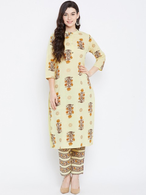 

Prakhya Women Yellow & Mustard Yellow Floral Print Kurta with Trousers