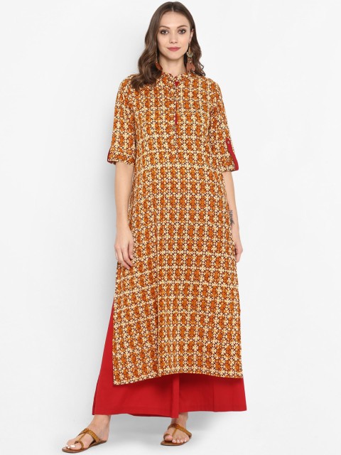 

Aprique FAB Women Mustard Yellow & Brown Floral Print A-Line Kurta