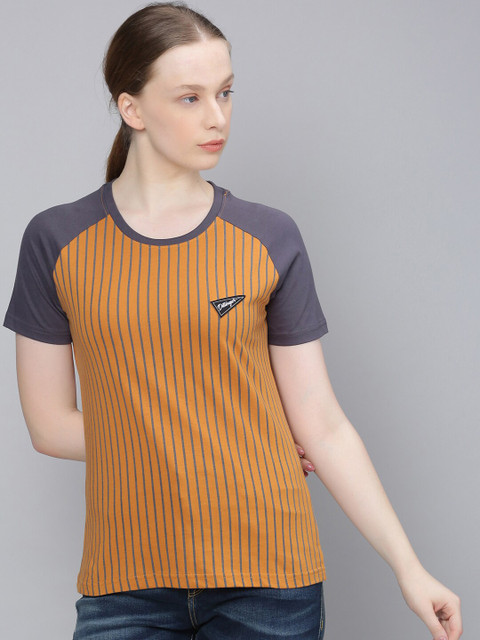 

DILLINGER Women Mustard Yellow & Grey Striped Round Neck T-shirt