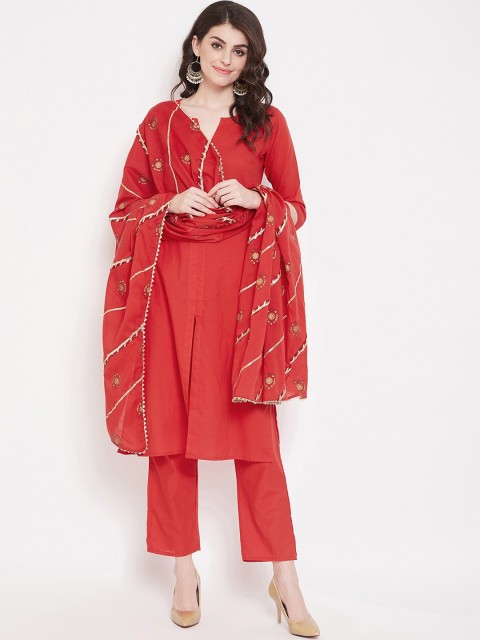 

Prakhya Women Red Solid Kurta with Trousers & Dupatta