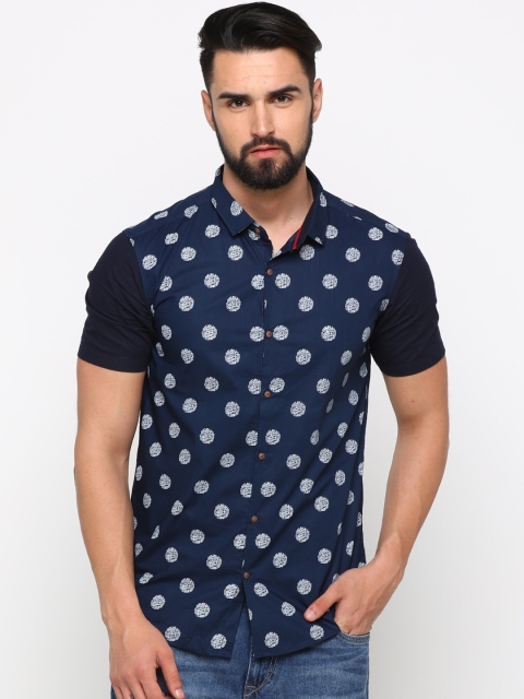 

WITH Men Navy Blue Printed Slim Fit Casual Shirt